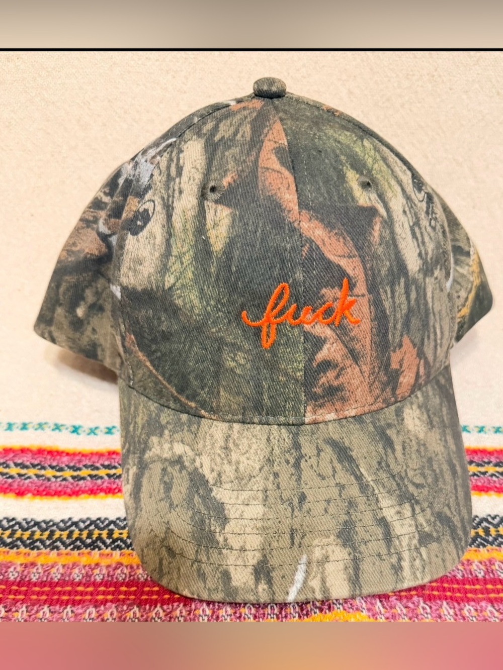 Camo F**k Baseball Adjustable Slide Baseball Cap with Orange Script